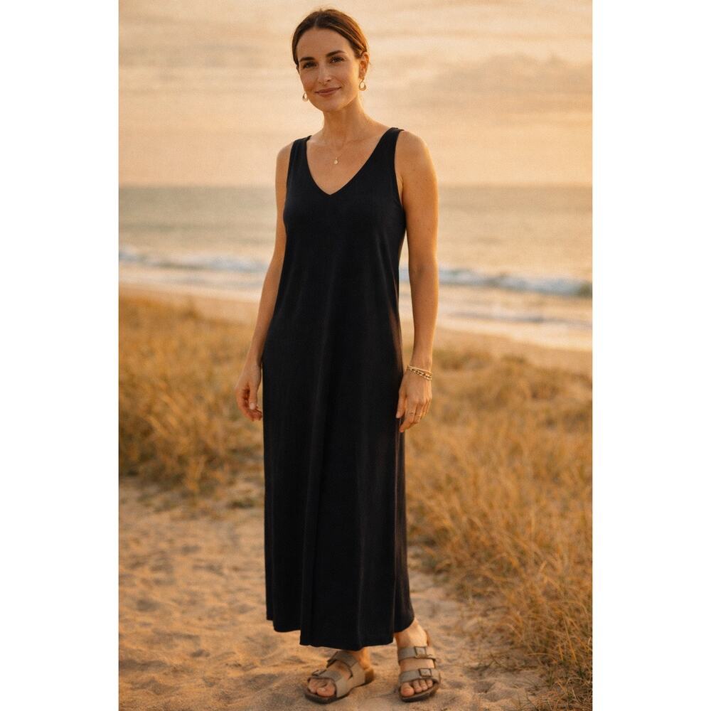 Lilla P Pima Cotton Modal Maxi Dress Black Sleeveless V Neck L